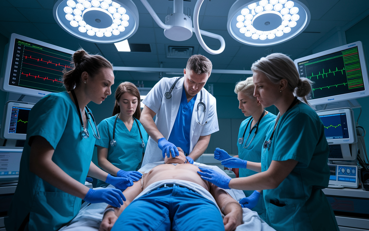 A dramatic scene of medical professionals performing advanced cardiovascular life support in the emergency department. The physician is using a defibrillator while a nurse manages the patient's airway. Monitors can be seen displaying rhythm strips and vital signs, with intense expressions on everyone's faces demonstrating the urgency of the situation. Bright overhead lights create a clinical and tense atmosphere.