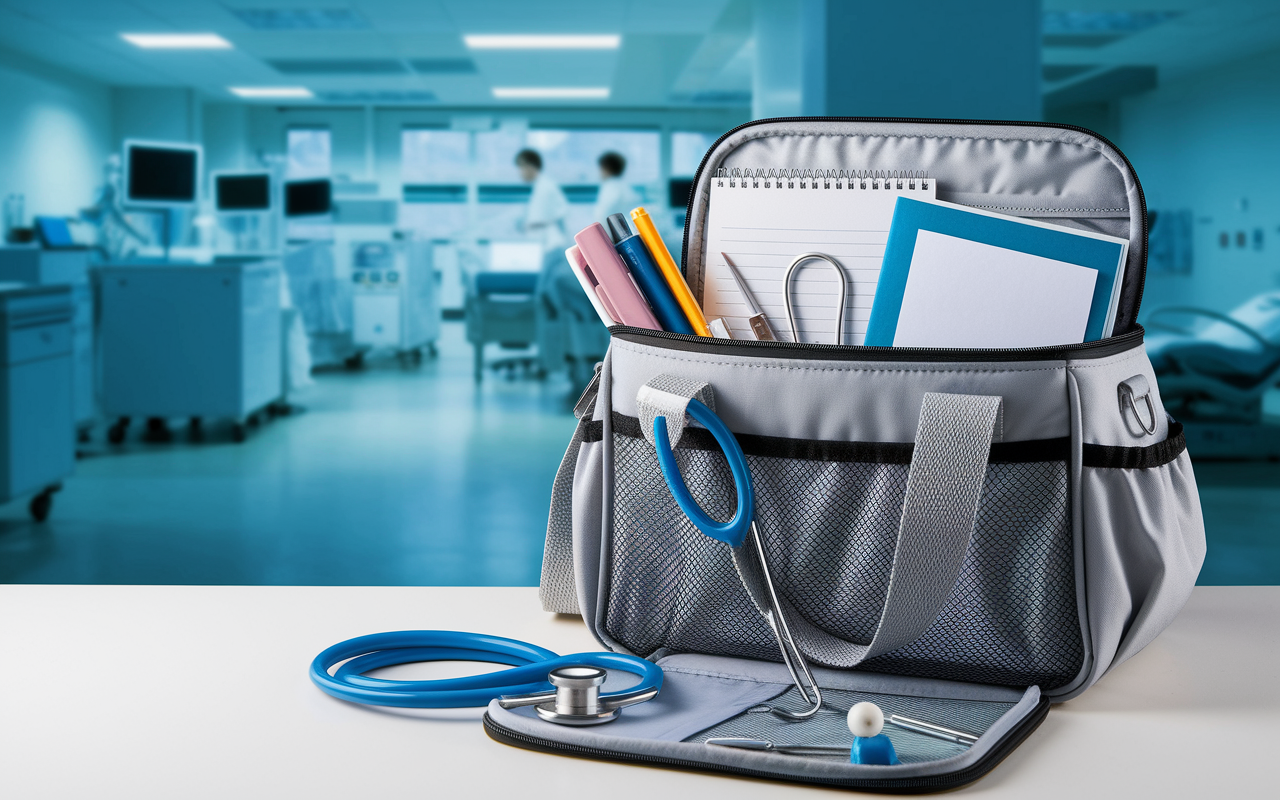 A well-organized go-bag open on a hospital desk, showcasing essential medical tools neatly arranged inside. Items like a stethoscope, otoscope, notepads, and a quick reference guide are visible. The background suggests a busy hospital setting with a blurred emergency room scene, emphasizing the importance of preparedness in crisis situations.