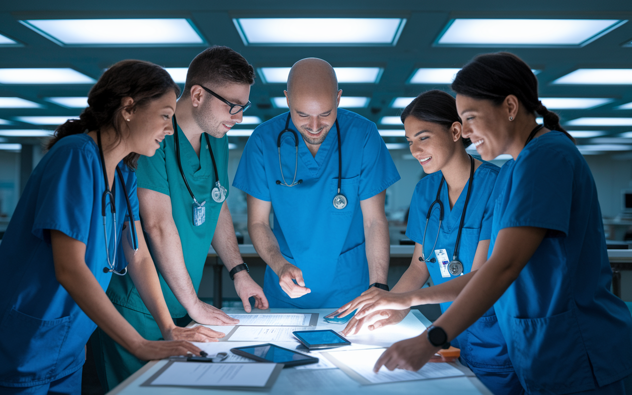 A diverse team of healthcare professionals in scrubs, collaborating around a hospital workstation, animatedly discussing a patient's case. The scene conveys teamwork in a high-stress environment, illuminated by soft fluorescent lights. Documents and digital devices are scattered on the table, reinforcing the theme of efficient communication and resource sharing.