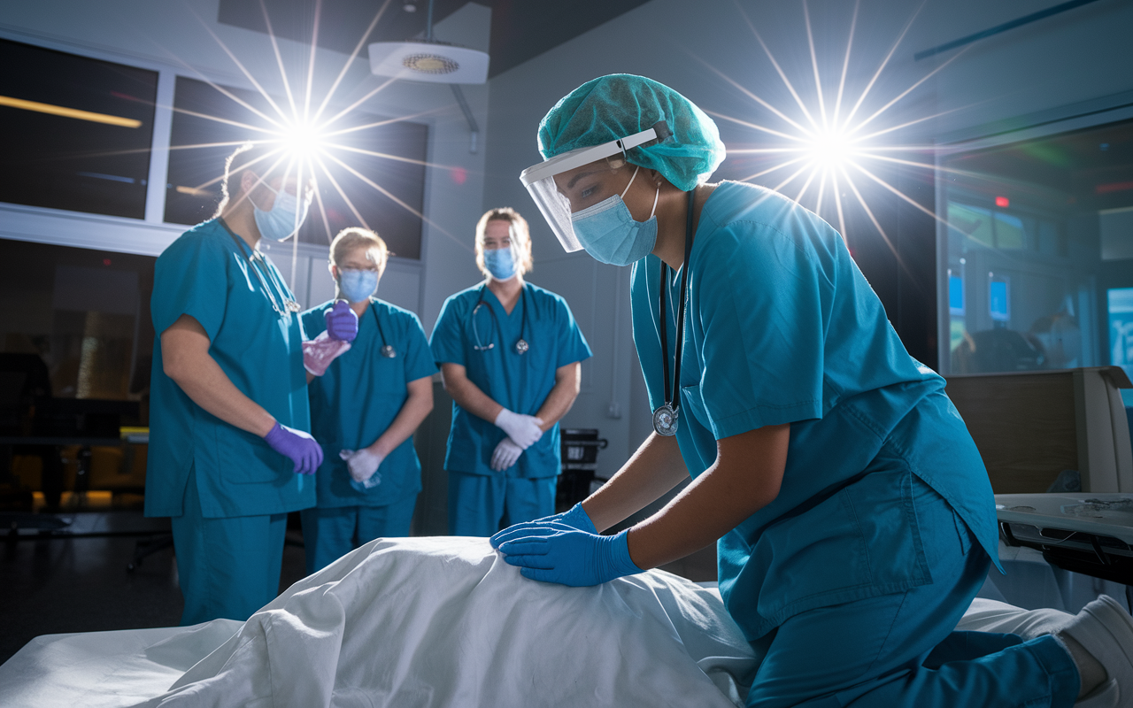 A medical resident engaged in a simulation workshop, practicing emergency response techniques in a realistic training environment. Bright lights illuminate the simulation area as instructors provide guidance. The resident, fully immersed, wears scrubs and protective gear, capturing the essence of hands-on learning and adaptation in medical emergencies.