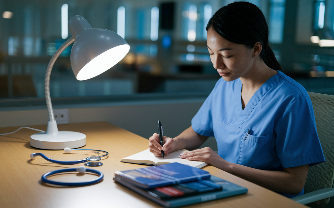 A healthcare resident sits at a desk in a quiet hospital lounge, thoughtfully writing in a journal after a shift. The scene is calm and introspective, with a soft glow from a lamp providing warmth. Medical references and a stethoscope lie nearby, symbolizing the balance between self-reflection and professional growth.