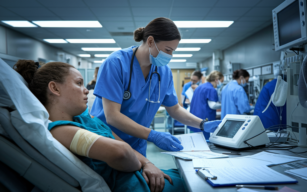 A healthcare professional conducting a triage assessment on a patient in an emergency room. The patient appears distressed, with bandages visible on their arm. The clinician, wearing blue scrubs, is checking vital signs on a portable monitor while notes and paperwork are scattered on the desk nearby. The background shows a hectic emergency room scene with busy nurses and doctors, under harsh fluorescent lights emphasizing the urgency of the situation.