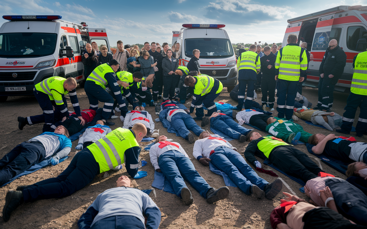 A dramatic scene depicting the START triage system at a disaster site. Emergency responders in uniforms are assessing several patients lying on the ground, marking the conditions of each with colored tags. The chaotic environment is filled with paramedics, ambulances, and distressed onlookers. The setting is an outdoor scene under a clear sky that contrasts the urgent activity, showcasing the critical nature of triage during a mass casualty event.