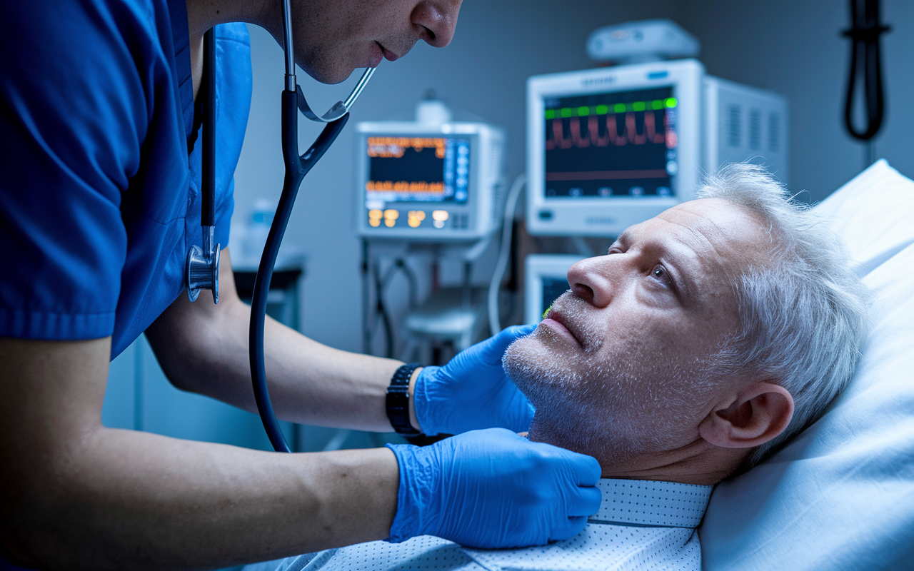 A close-up shot of a healthcare professional performing an initial assessment on a patient in a triage situation. Equipped with a stethoscope, the clinician is checking heart and breathing rates, with the patient appearing anxious but responsive. The background shows medical equipment and monitors, illuminated by the clinical lighting, creating a focused and urgent atmosphere.