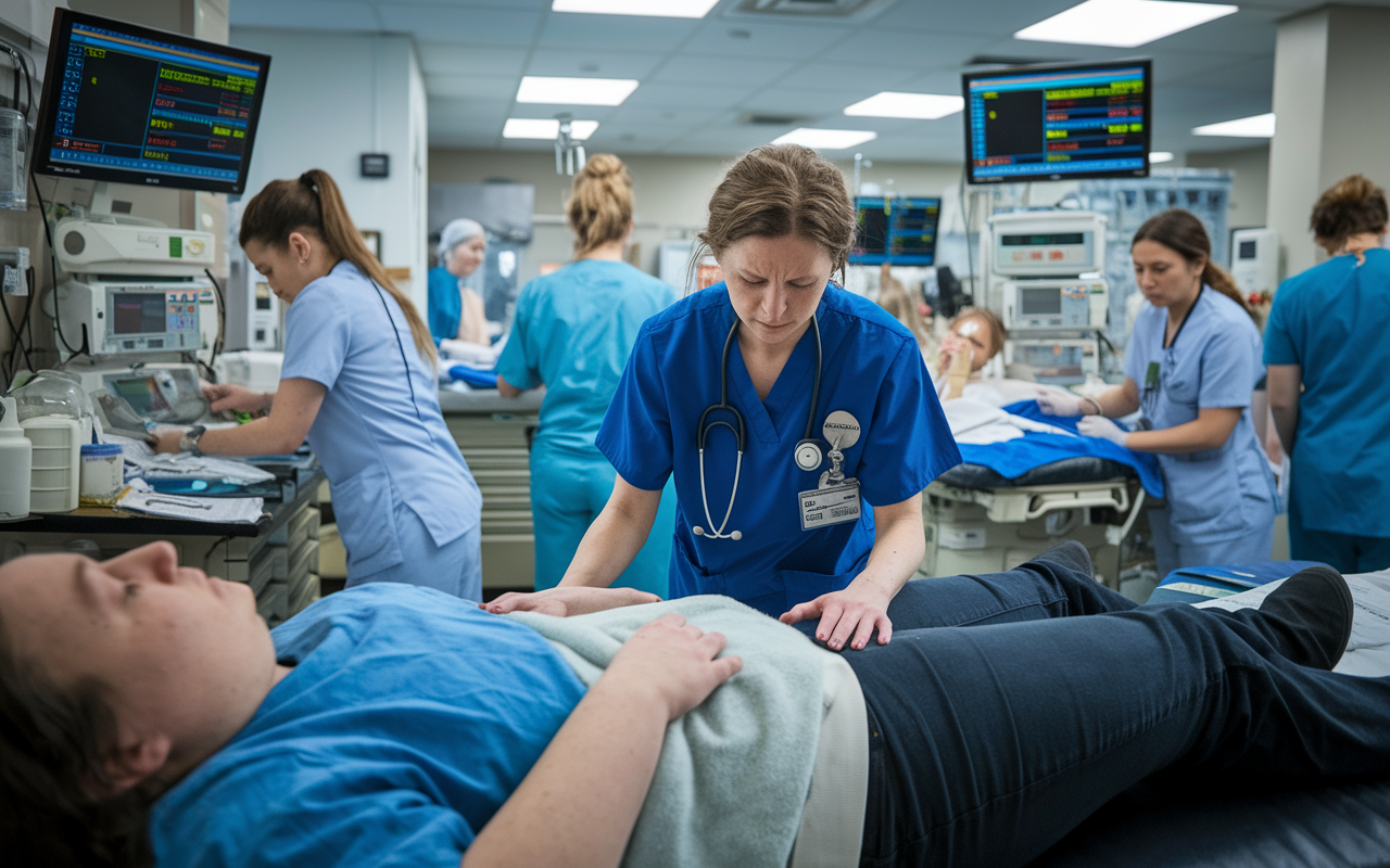 A tense scene in an emergency department where multiple patients await assessment. A healthcare provider looks overwhelmed as they try to organize the flow of patients. Stressed expressions on their face reflect the difficulties of triage under pressure, while nurses work diligently in the background, surrounded by medical supplies and busy monitors showing patient statuses.