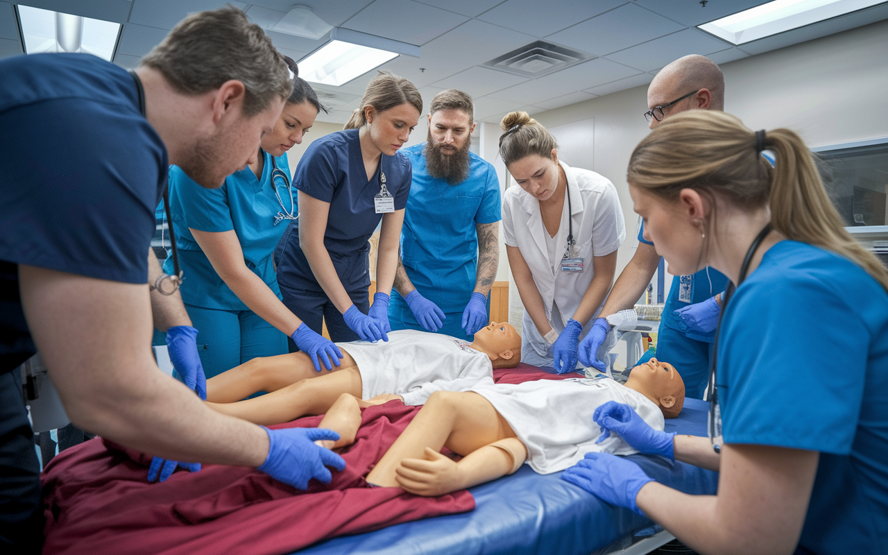 A group of healthcare professionals is engaged in a triage simulation training exercise. They are actively discussing patient scenarios with realistic mock patients laid out, and life-like dummies in various states of injury. The environment is set up to mimic an emergency scene, with instructors observing the participants closely, capturing the learning atmosphere and dedication to improving triage skills.