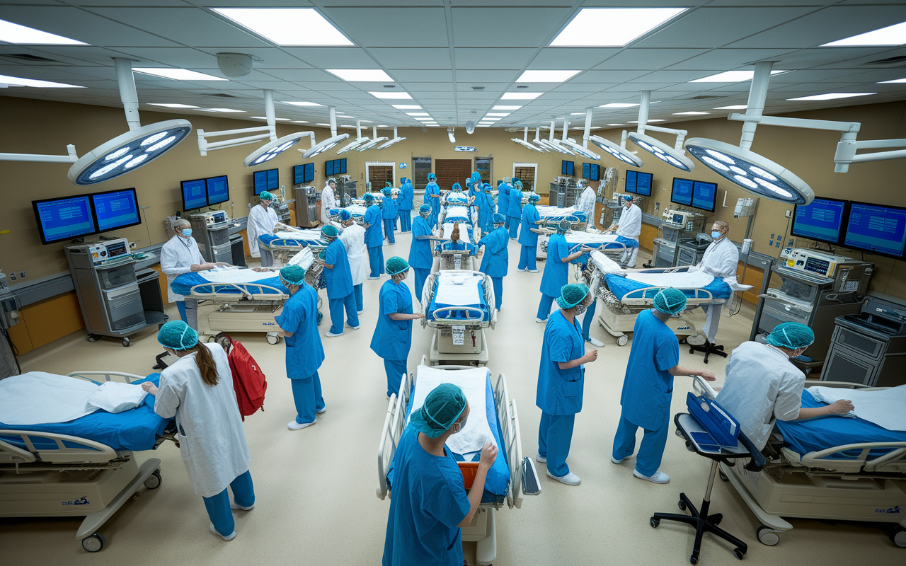 An inside view of a busy emergency department where healthcare professionals efficiently manage patient flow. Nurses are seen directing patients while doctors attend to others. The atmosphere is organized chaos, illuminated by bright surgical lights and screens displaying patient information, showcasing a successfully implemented triage system in action.