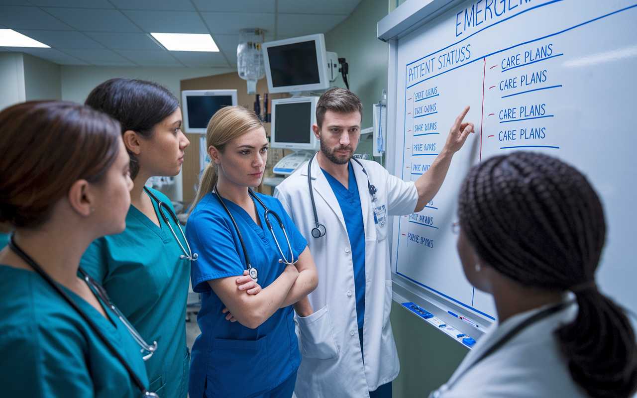 A focused group of healthcare providers engaged in discussing triage decisions in an emergency room. They are gathered around a whiteboard with patient statuses and care plans while a medical professional is pointing at it. The setting is dynamic, with monitors and medical equipment in the background, showing the importance of communication in delivering efficient patient care.