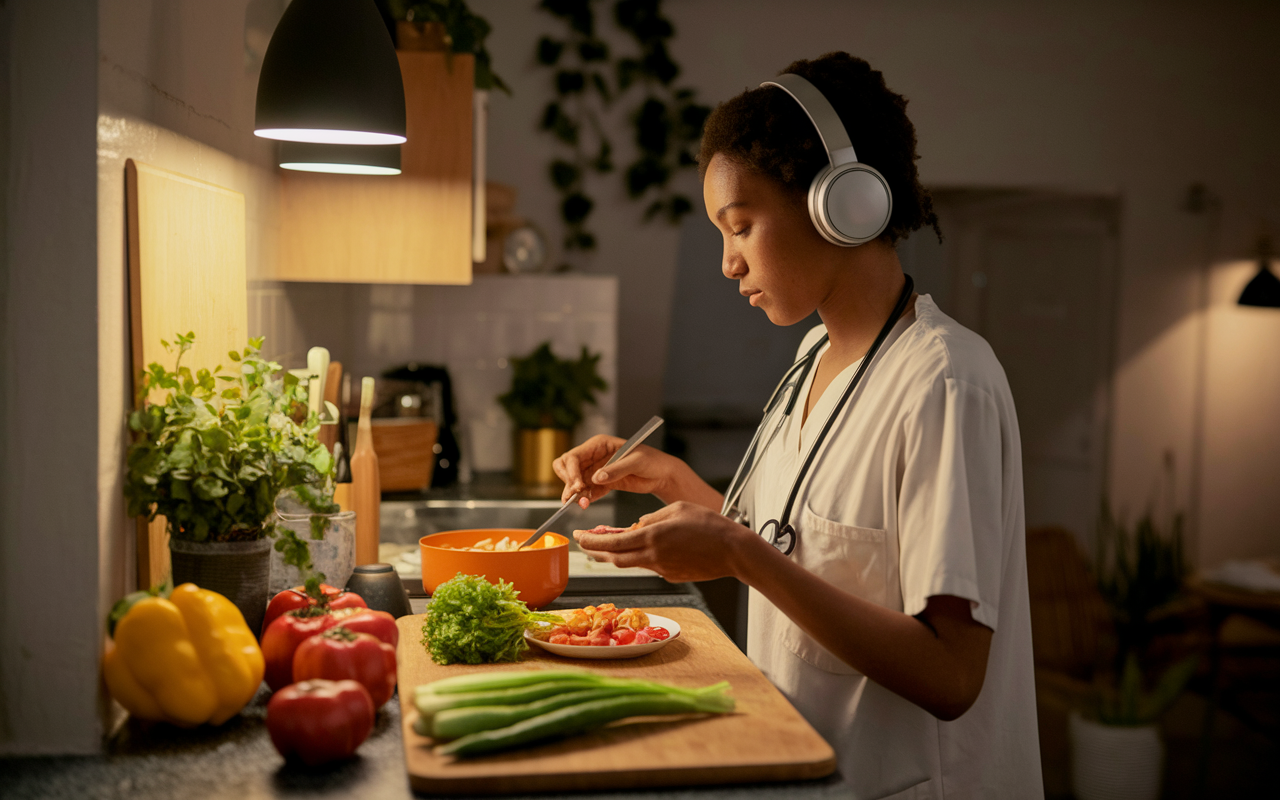 A young medical resident practicing self-care in their small apartment, preparing a healthy meal while listening to calming music. The space is warmly lit, creating a cozy atmosphere. Fresh vegetables are laid out on the counter, with the resident focused and relaxed as they prepare food, showcasing the importance of self-care amidst a demanding schedule.