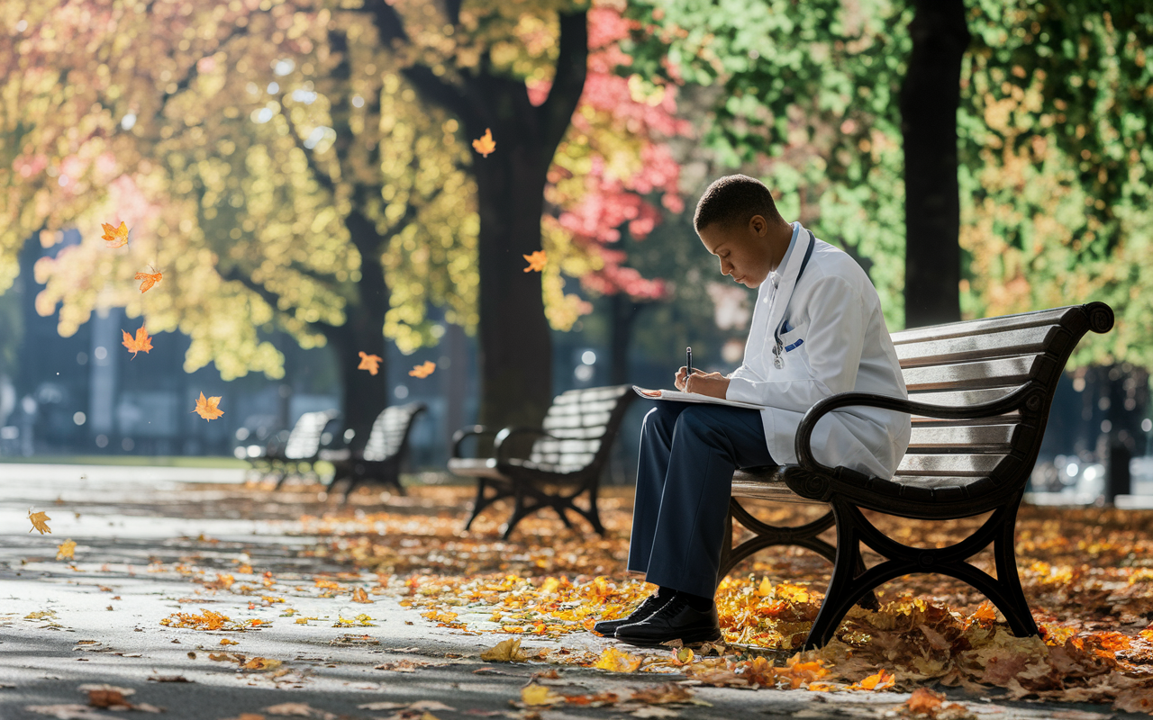 An introspective medical resident sitting on a park bench, journaling and reflecting on their experiences. The park is tranquil, with vibrant autumn leaves falling and sunlight filtering through the trees. The resident has a contemplative expression as they write, emphasizing the importance of reflection and self-assessment in building resilience.