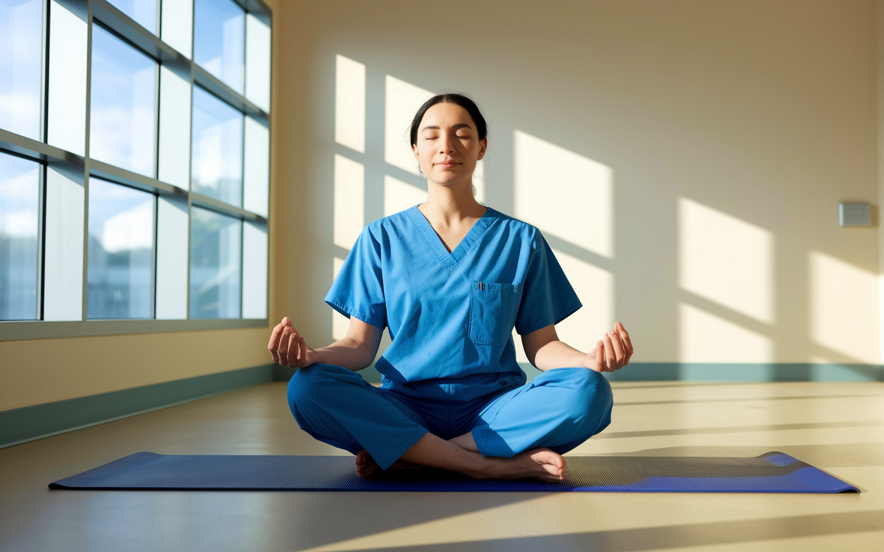 A resident in scrubs seated cross-legged on a yoga mat in a serene hospital break room, practicing mindfulness and deep breathing. Soft natural light streams in through large windows, casting a calm glow over the scene. The resident has a peaceful expression, emphasizing the serenity and grounding nature of mindfulness techniques amidst a chaotic environment.