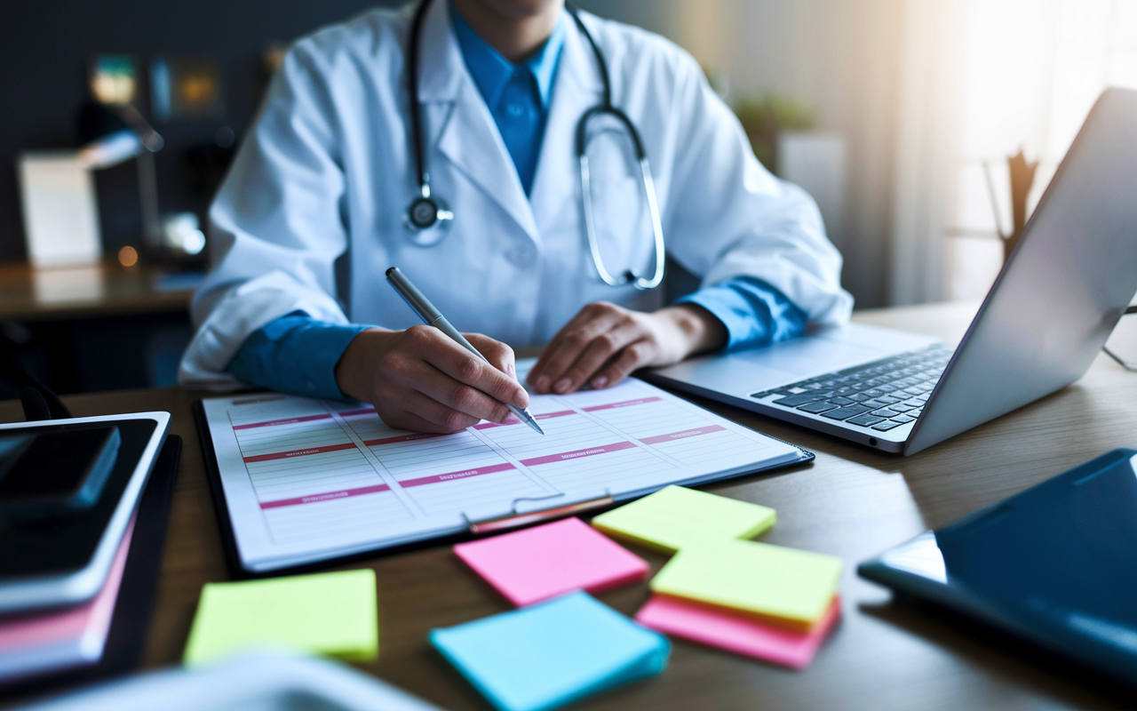 A focused medical resident organizing their tasks on a digital planner in a visually appealing workspace, with colorful sticky notes and a laptop open. The desk is well-lit, showcasing a balance of productivity and creativity, as the resident prioritizes urgent tasks on a busy day.