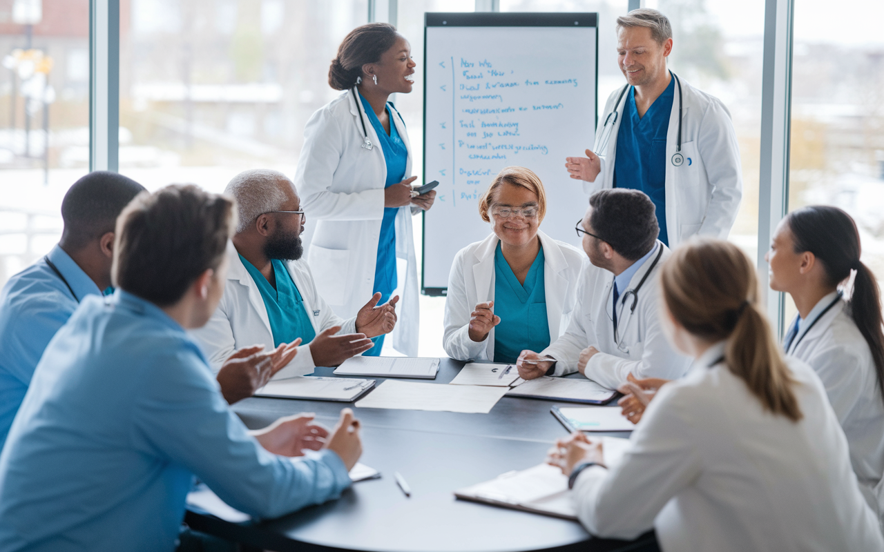 A diverse group of medical residents and attending physicians engaged in a lively debriefing session in a brightly lit conference room. A whiteboard is filled with notes, and the participants are animatedly discussing case details, fostering a collaborative and supportive atmosphere, emphasizing the role of effective communication in healthcare.