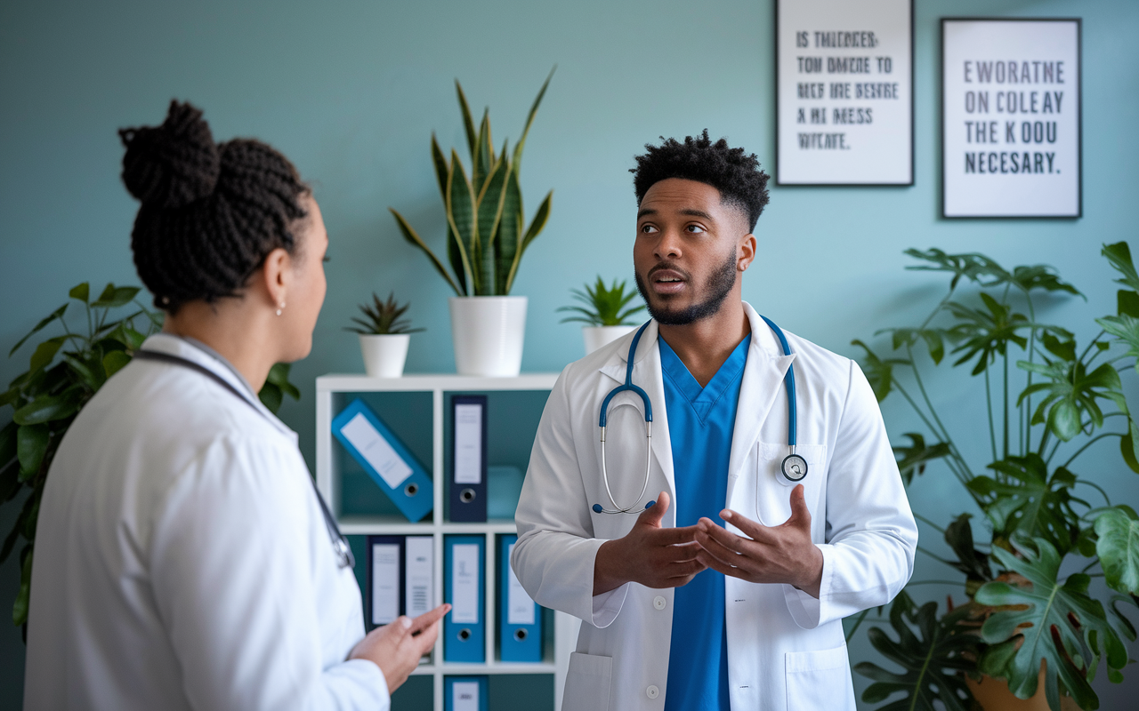 A concerned medical resident speaking with a mentor in a calming office, showcasing the importance of seeking help. The office is decorated with uplifting motivational quotes and plants to create an inviting atmosphere that encourages open dialogue about mental health and stress management.