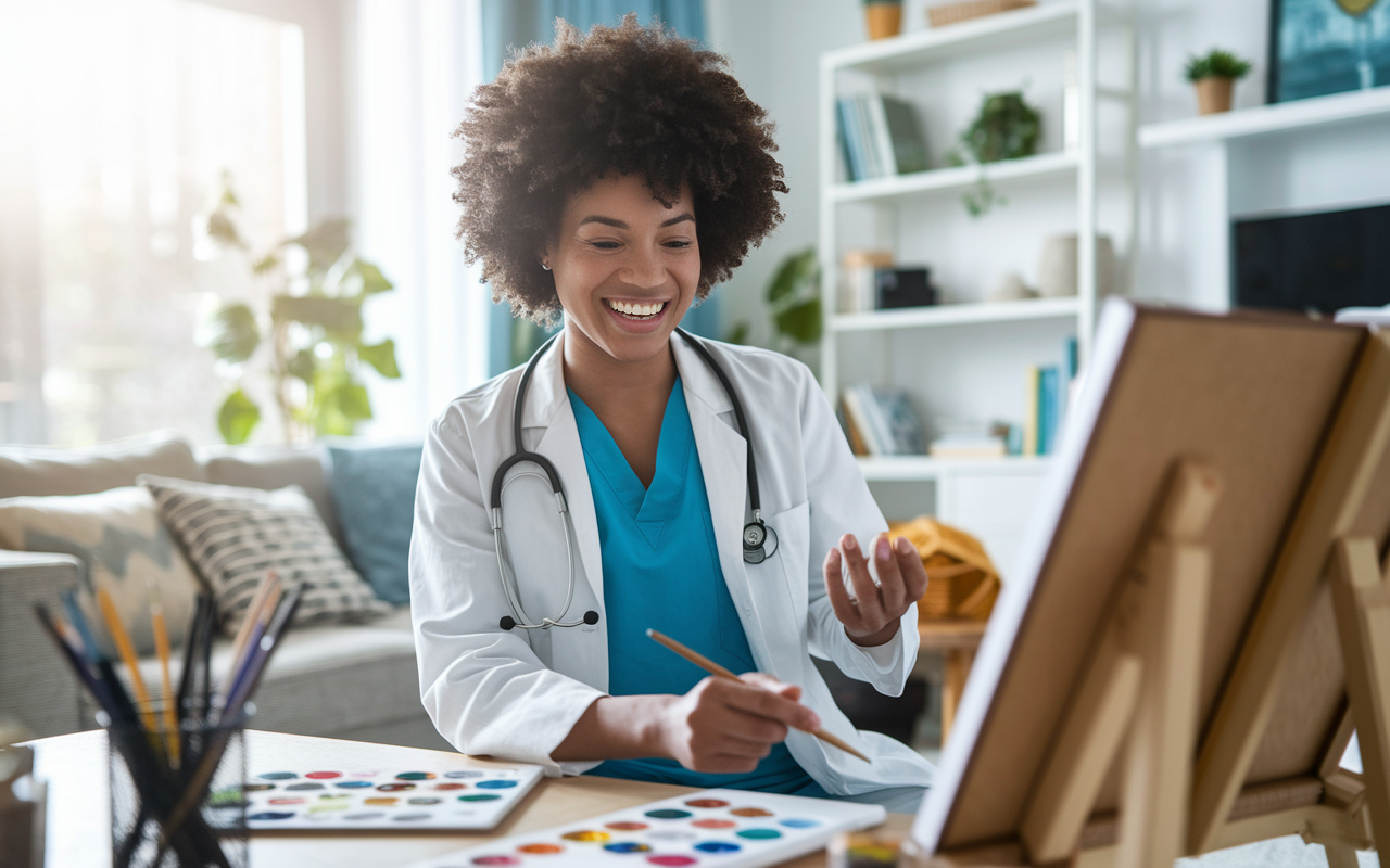 A medical resident joyfully engaging in a recreational activity, such as painting or playing a musical instrument, in a sunlit living room filled with personal touches. Their smile radiates happiness and fulfillment, highlighting the importance of hobbies and social engagement for a healthy work-life balance.