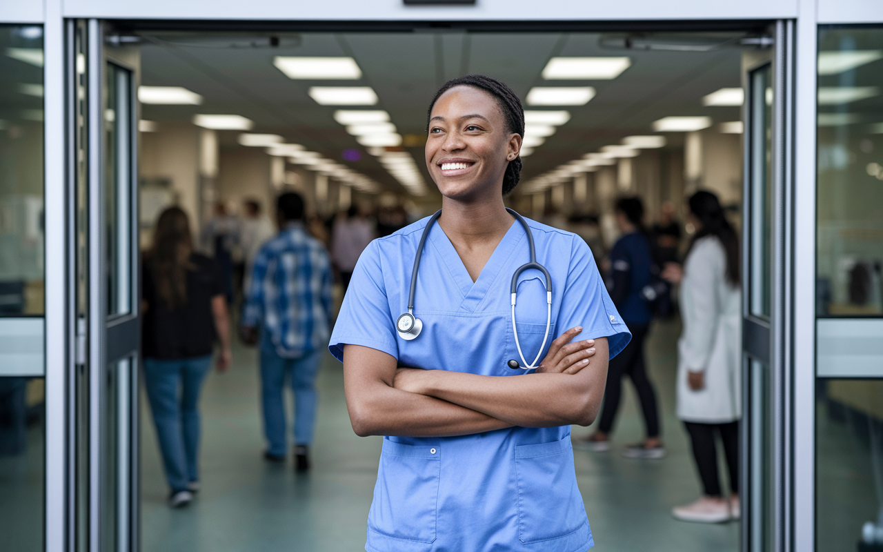 A proud medical resident standing at the hospital entrance, dressed in crisp scrubs, smiling confidently as they reflect on their growth and accomplishments. The hospital is bustling in the background, symbolizing perseverance and the rewards of navigating a challenging career path in medicine.