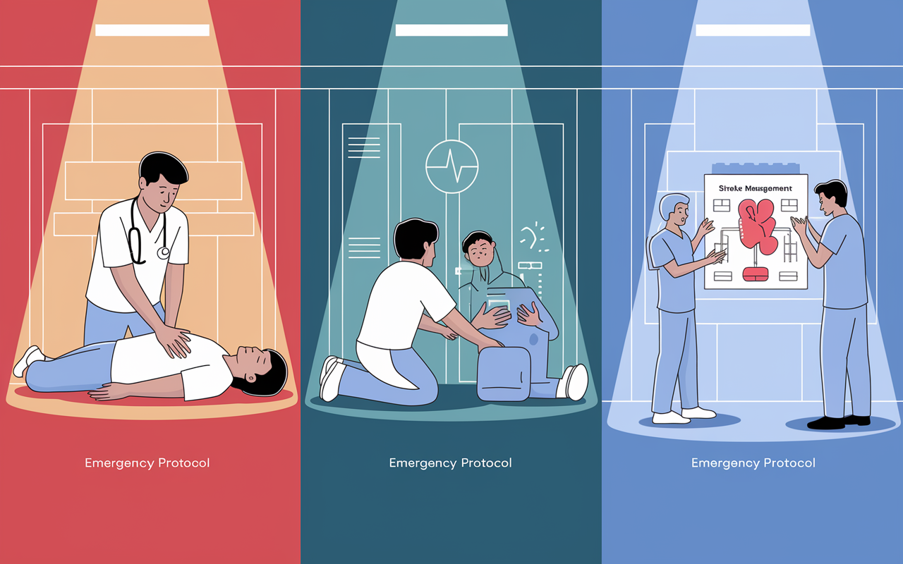 A visually dynamic illustration showing three scenes of emergency protocol in action: a resident performing CPR expertly on a patient in one corner, another resident dealing with a patient showing signs of anaphylaxis in the second, and a serious discussion around a stroke management chart in the third. Each scene is enhanced with a glowing effect around the actions, symbolizing urgency and importance, with a backdrop of hospital colors - sterile whites and soft blues. The lighting shifts dramatically between each scene, emphasizing different emotional contexts.