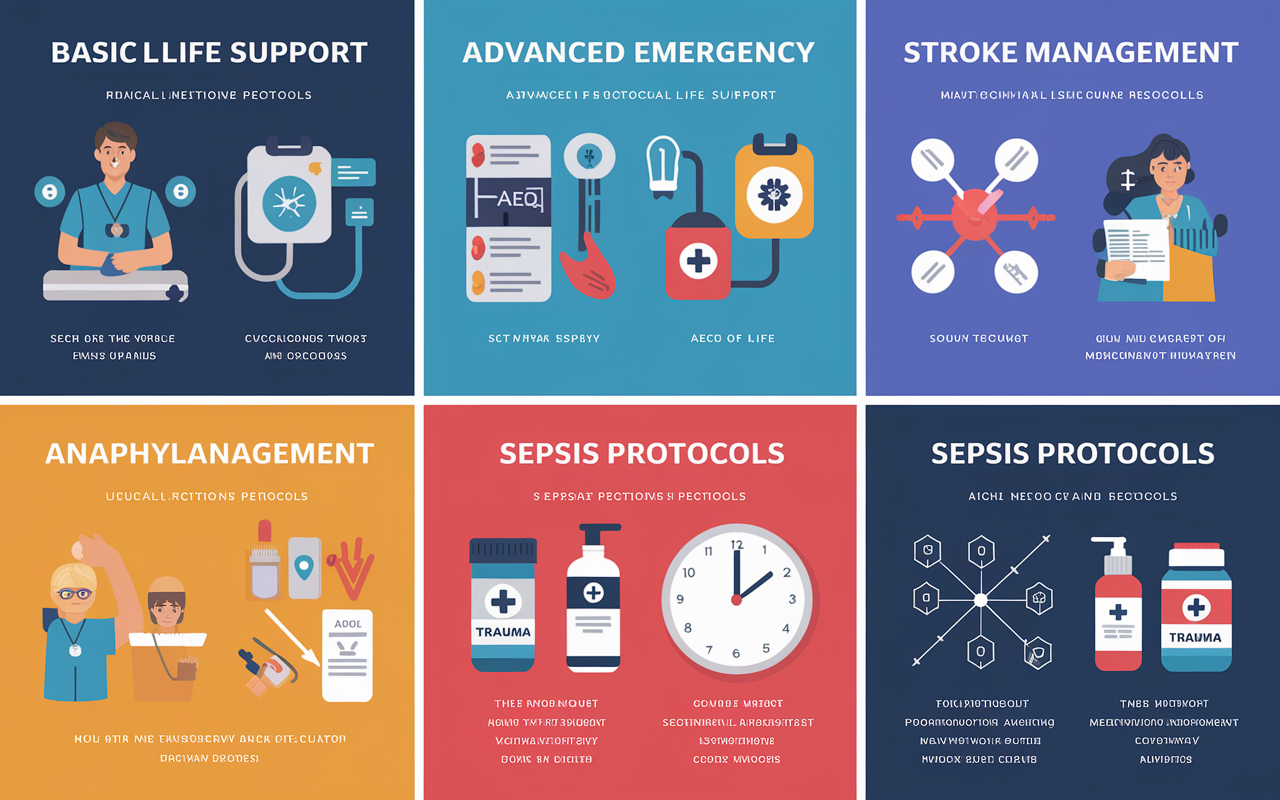 A detailed infographic representation that visually outlines the essential emergency protocols a medical resident must learn. The image is divided into sections: Basic Life Support, Advanced Cardiovascular Life Support, Stroke Management, Anaphylaxis Management, Sepsis Protocols, and Trauma Protocols. Each section features icons and brief illustrations depicting actions such as CPR techniques, the use of an AED, a clock indicating the time-sensitive nature of strokes, and emergency medication distribution. The colors are bold and bright, allowing each protocol to stand out in a structured layout.