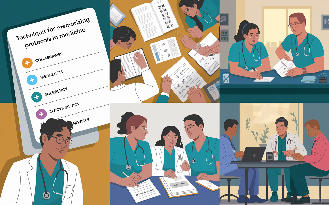 An illustrative collage of techniques for memorizing emergency protocols in medicine. Visual elements include an open flashcard with medical acronyms, a group of residents engaging in a study session with charts and notes spread out, and a simulated emergency training scenario with instructors guiding novices. The atmosphere conveys collaboration, enthusiasm, and focus, with a warm light filtering through the room, symbolizing growth and learning.