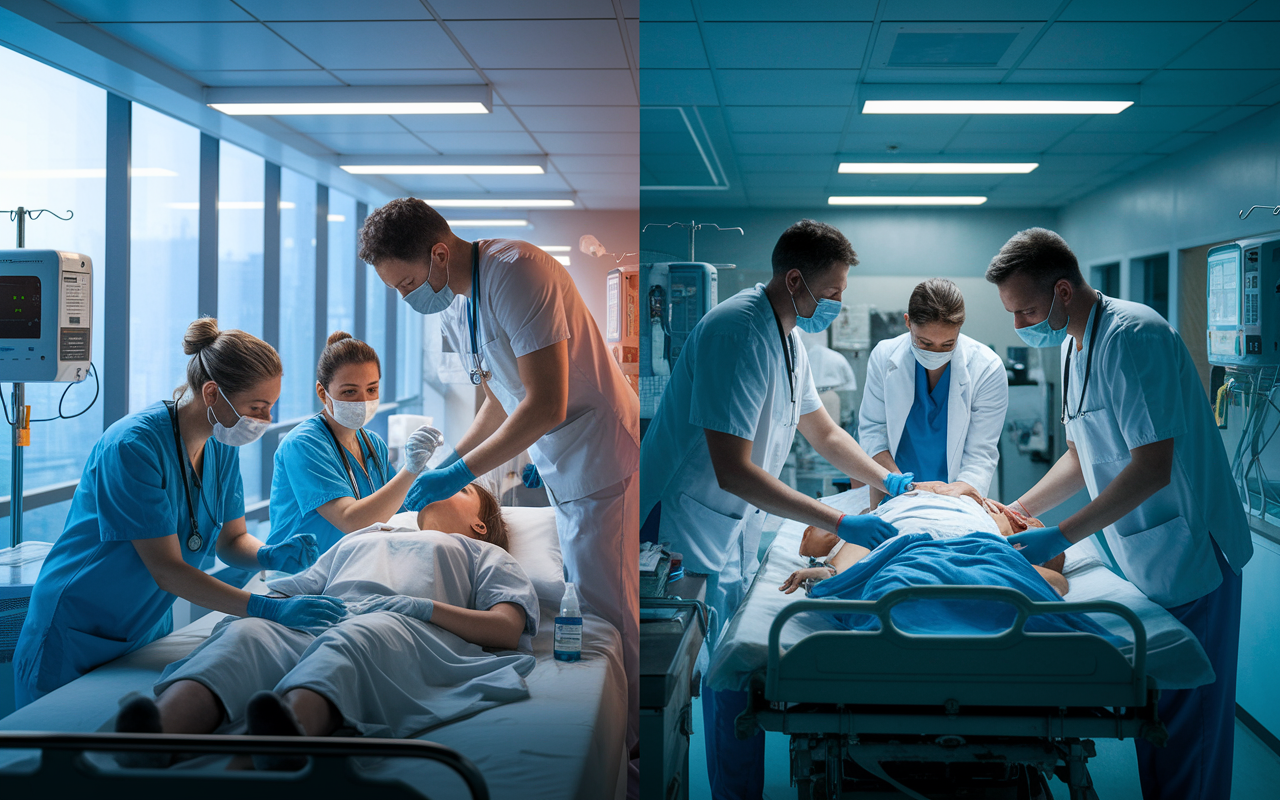 A dramatic scene illustrating two simultaneous crises in a hospital. On one side, a patient in distress is being treated for anaphylaxis, with a healthcare professional administering an epinephrine injection and others providing oxygen while monitoring vital signs. On the other side, a trauma case is being assessed; the medical team is carefully examining a patient with visible injuries from an accident. A sense of teamwork and urgency is palpable, with medical supplies and equipment scattered around. Daylight filters in through large windows, adding intensity to the scene.