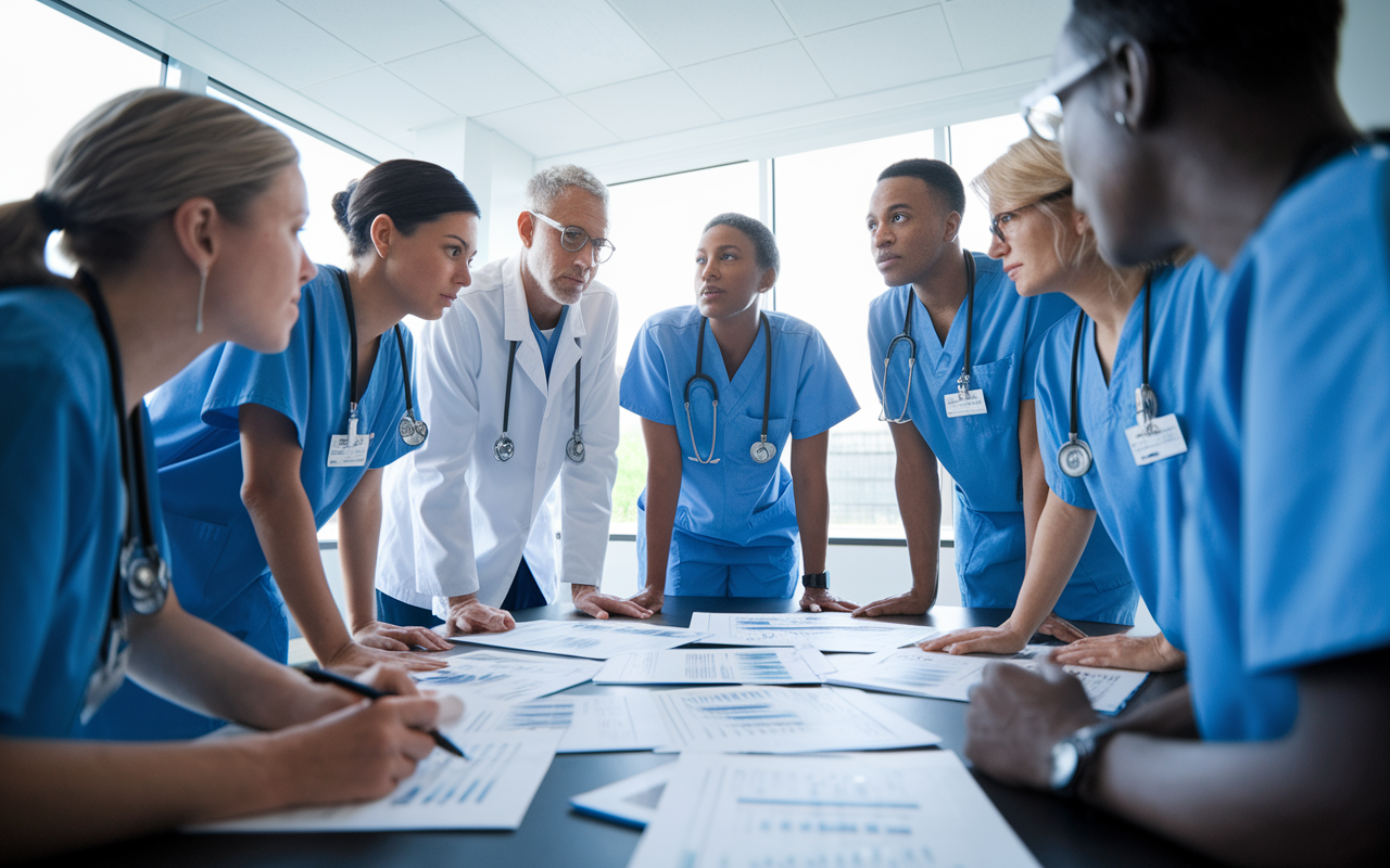 An engaged medical team in a hospital conference room, huddled around a table, discussing strategies for managing medical crises. They are diverse in gender and ethnicity, emphasizing teamwork, with papers, charts, and medical protocols spread out before them. The room is well-lit, with a large window providing natural light and a sense of collaboration. The expressions on their faces reflect focus and determination, highlighting the importance of communication and preparation in healthcare.