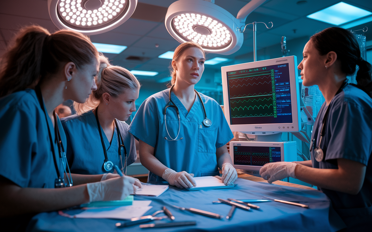 Medical professionals in a fast-paced hospital environment coordinating during a crisis situation. A prominent female resident leads a discussion with urgency, pointing out information on a digital patient monitor while two colleagues take notes and prepare equipment. The room is bustling with activity, instruments and sterile supplies are within reach, with a strong sense of camaraderie and focus on patient care. Warm overhead lights create a dynamic yet professional atmosphere.