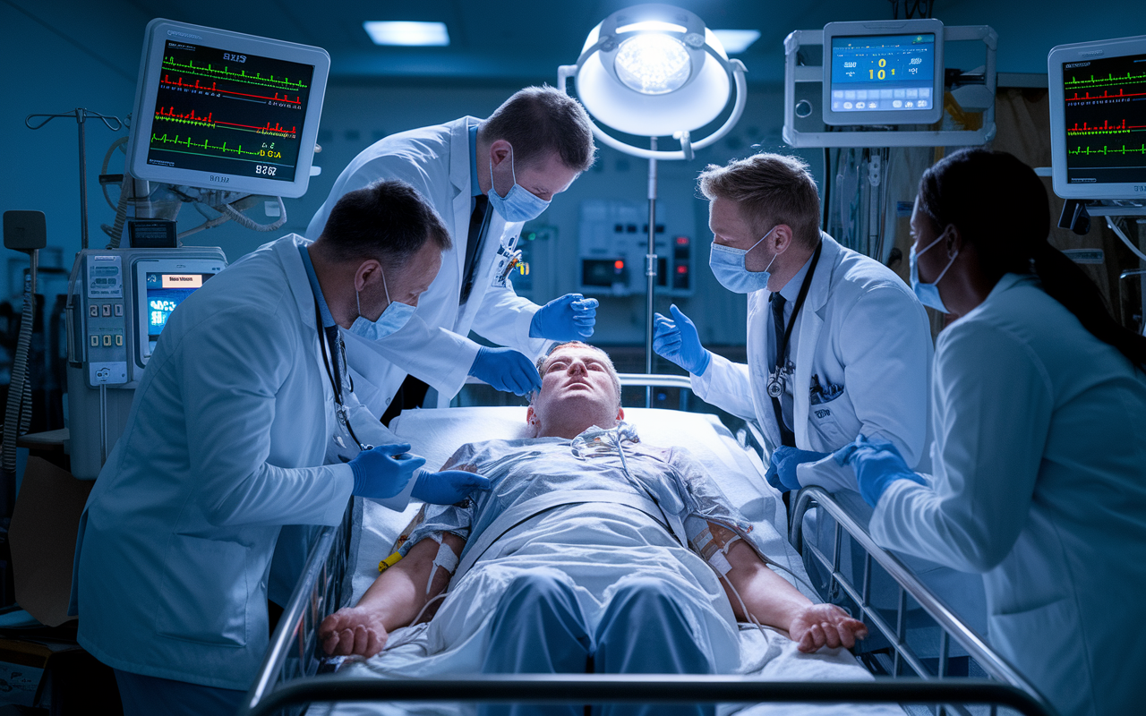 A chaotic yet focused scene in a hospital trauma unit, showing a medical team performing a primary survey on a trauma patient. One doctor checks airway and breathing while another assesses circulation. Bright emergency lights illuminate the room, highlighting the urgency of the situation. The patient is surrounded by various medical equipment, monitors flashing with vital signs, and the team exhibits focused determination, showcasing the critical nature of immediate assessment in trauma care.