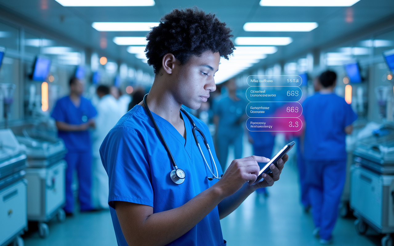 A young resident in a crowded hospital corridor, intently using a mobile medical app on their smartphone. The screen shows clinical guidelines and emergency protocols. The background features medical equipment, busy healthcare professionals, and a vibrant atmosphere, emphasizing the reliance on technology in modern medicine. The lighting is bright, highlighting the urgency of the on-call situation.