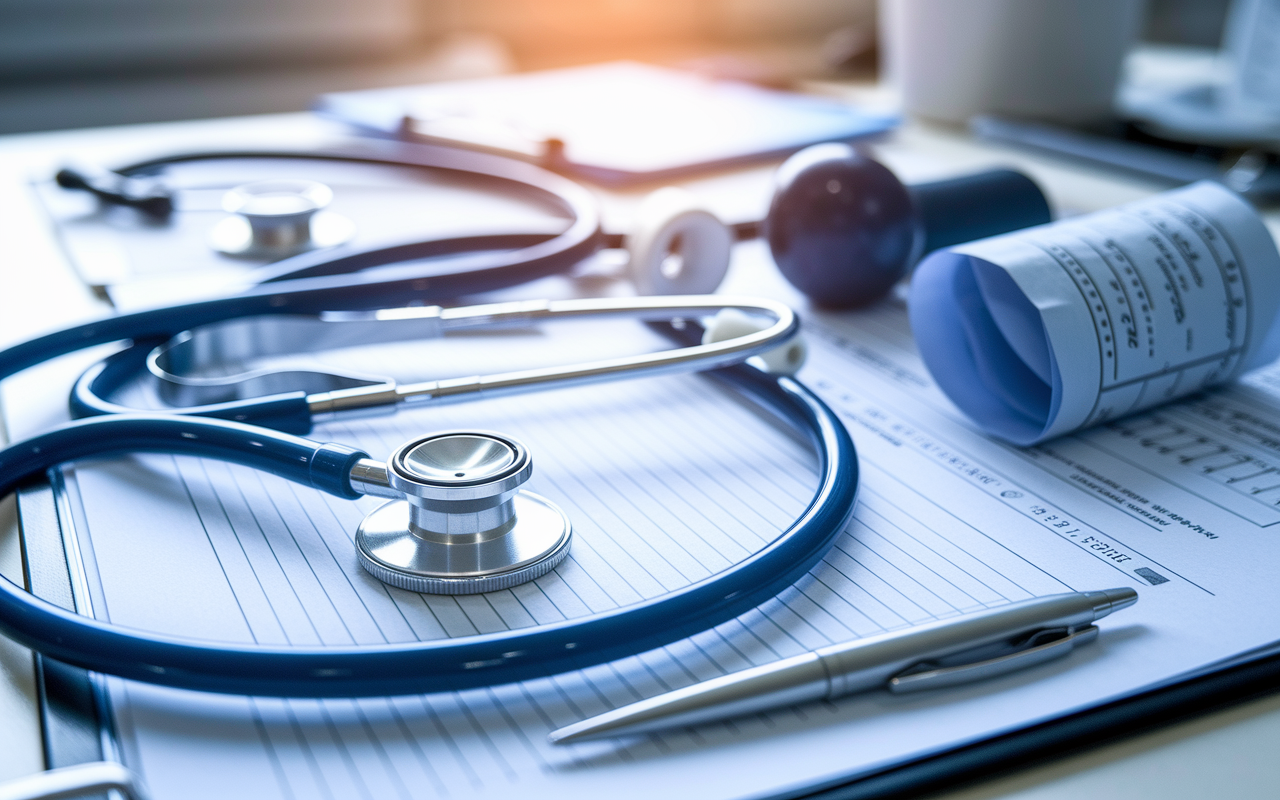 A close-up view of essential medical examination tools laid out on a hospital desk. A polished stethoscope is prominently displayed alongside a penlight, reflex hammer, and a blood pressure cuff. The background hints at a busy medical environment, with charts and medical notes scattered, and soft, focused lighting that gives an air of professionalism and readiness for patient assessments.