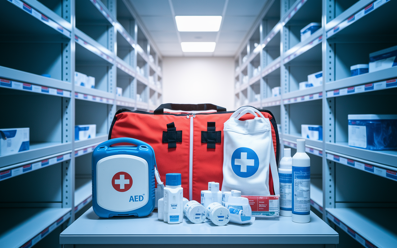 An organized and well-stocked emergency response kit ready for use. It includes a compact AED ( Automated External Defibrillator), a bag-mask ventilation device, and various oxygen supplies. The scene is set in a hospital supply room with clear labeling on shelves, and the lighting is bright to emphasize the importance of preparedness in emergency medical situations.