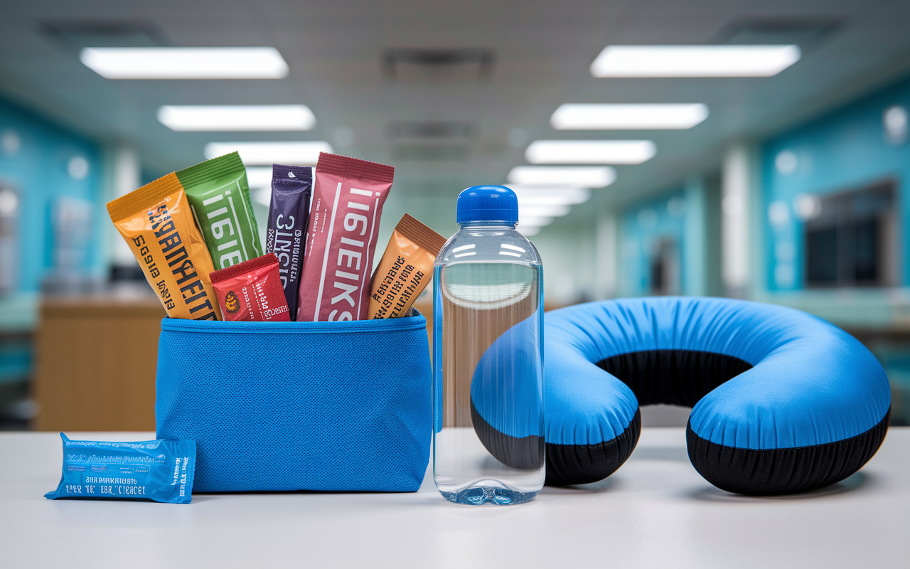 A compact survival kit designed for medical residents during on-call shifts, featuring healthy snacks like energy bars, a water bottle, and comfort items like a neck pillow. The background captures a hospital break room with soft lighting, conveying a sense of rejuvenation and readiness amidst the hectic environment of residency.