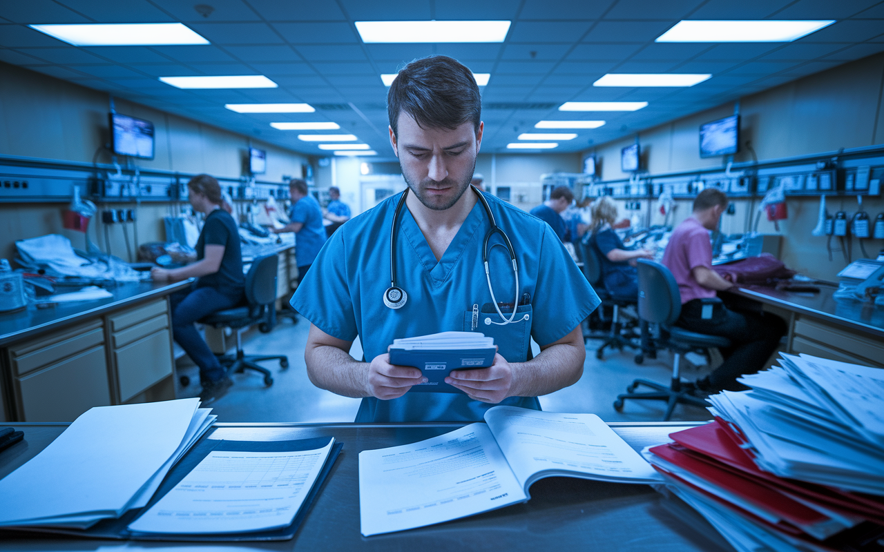 A stressed medical resident in the emergency department, surrounded by chaos—a busy nursing station, multiple patients waiting, medical charts scattered about. The resident has a focused look while looking at a pocket reference guide, ready to tackle immediate tasks. The lighting is intense and dynamic, amplifying the urgency of the situation while also emphasizing the resilience and dedication of medical professionals in challenging environments.