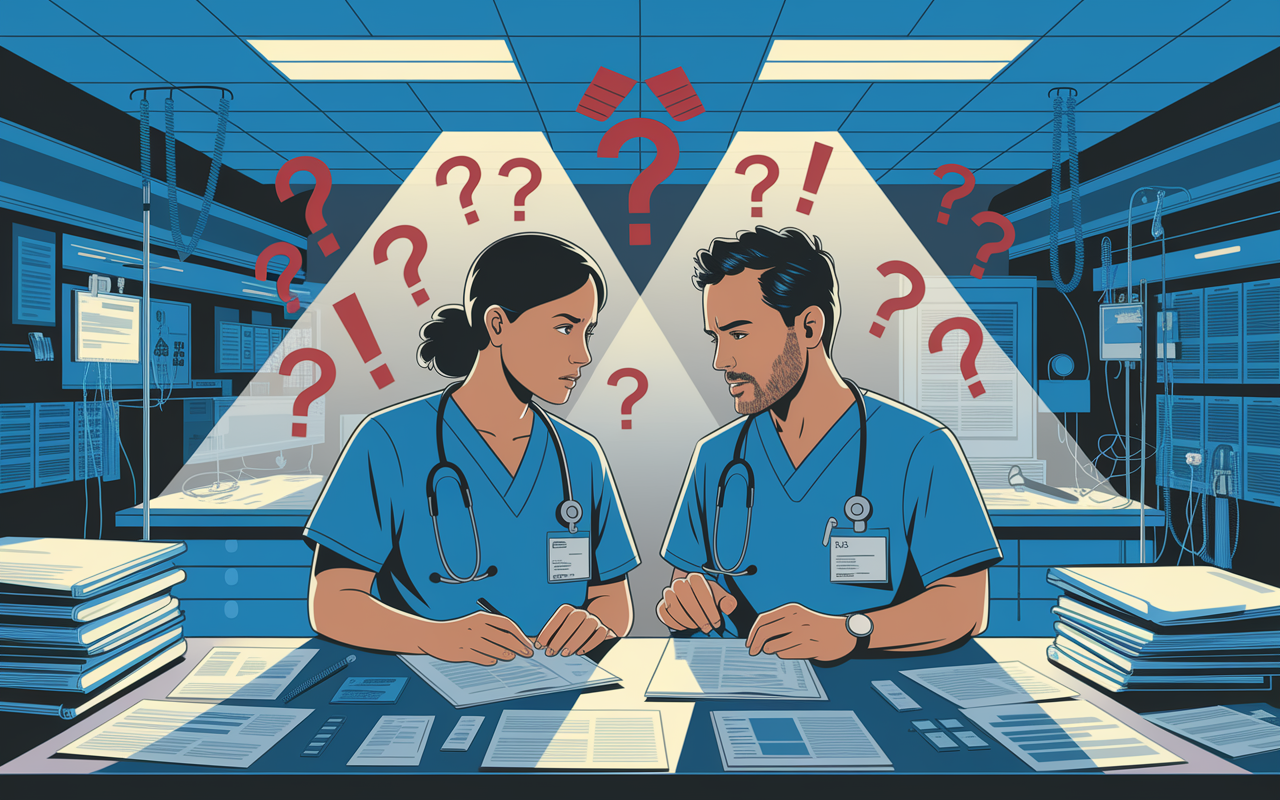 An illustration showing two healthcare professionals in conversation, looking concerned as they review medical notes. Visual representations of miscommunication, such as a red exclamation mark or question marks, surround them. The setting is a busy hospital station, cluttered with charts and medical equipment, symbolizing the chaos of emergency situations. The lighting is bright, casting clear shadows that represent the tension and urgency of the moment, underscoring the importance of clear communication in patient care.