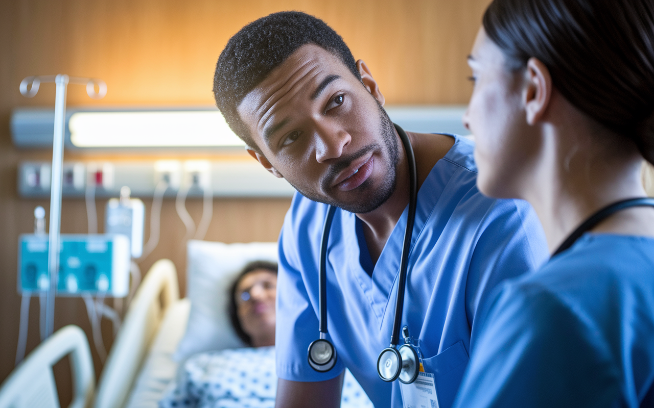 A close-up scene of a medical resident demonstrating active listening while consulting with a nurse in a hospital room. The resident is leaning slightly forward, maintaining eye contact, and nodding, while the nurse appears engaged and professional. The room is filled with medical equipment and a patient in the background, highlighting the importance of clear communication in patient care. Soft, warm lighting creates an inviting atmosphere that emphasizes connection and understanding in high-pressure situations.