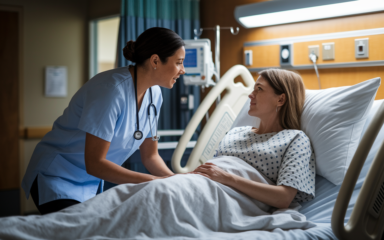 A heartwarming scene of a medical resident comforting a distressed patient in a hospital room. The resident is kneeling beside the patient's bed, speaking softly, with a compassionate expression. The patient's worried face shows signs of relief from the empathetic communication. The room is softly lit, with warm colors creating a tranquil atmosphere, symbolizing the essential nature of empathy during stressful medical situations. The connection between them highlights the importance of compassion in healthcare.