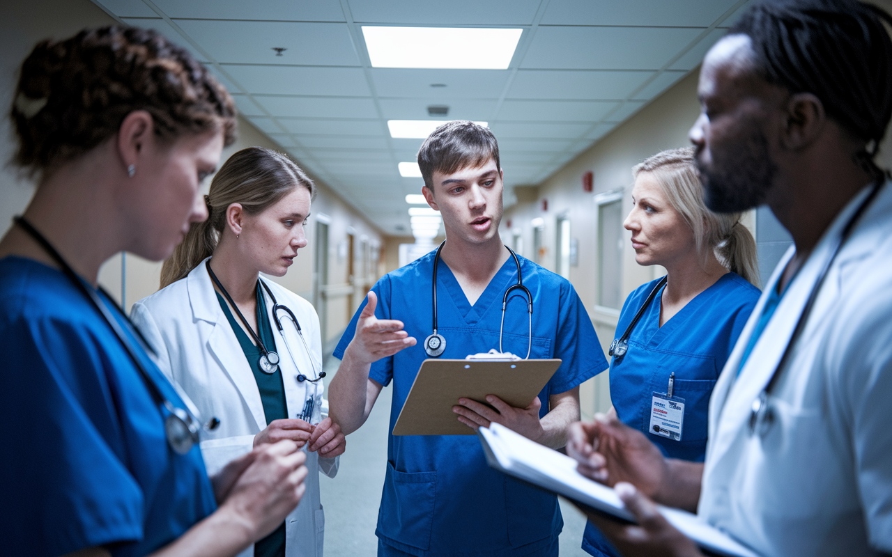 A dynamic scene of an on-call medical team responding to a stroke emergency, with a young resident urgently communicating findings to a group of healthcare professionals. The resident holds a clipboard, articulating a clear SBAR report, while the others are focused and taking notes. The setting is a bustling hospital hallway with bright overhead lights and medical equipment, symbolizing urgency. The visual tension captures the essence of high-pressure medical decision-making and teamwork.