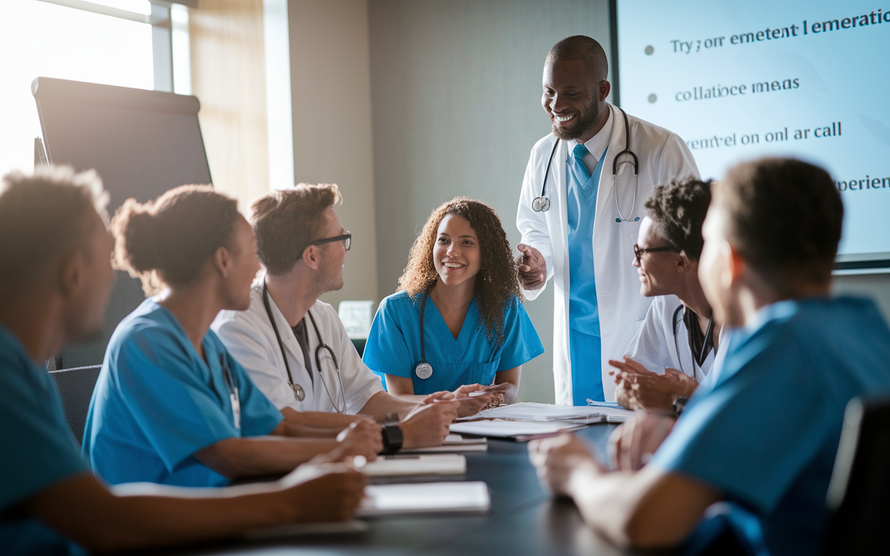 A candid moment during a team debriefing session, where diverse medical residents are gathered together in a conference room, exchanging ideas and feedback on their recent on-call experiences. The atmosphere is supportive, individuals are actively listening and engaged, with a projector displaying key points. The room is well-lit with a mix of natural and artificial light, creating a warm environment that fosters learning and collaboration in a high-stakes field.