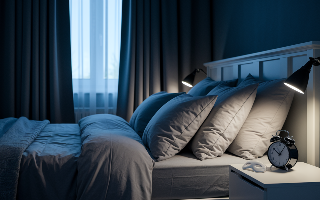 A cozy bedroom designed for a medical professional preparing for a night shift. The room is darkened with heavy blackout curtains, a comfortable bed with plush pillows, and a sleep mask resting on the bedside table. The use of calming shades and soft lighting creates a tranquil atmosphere, suggesting it’s an ideal environment for rest. An alarm clock softly glows in the background, reinforcing the theme of preparing for an upcoming night shift.