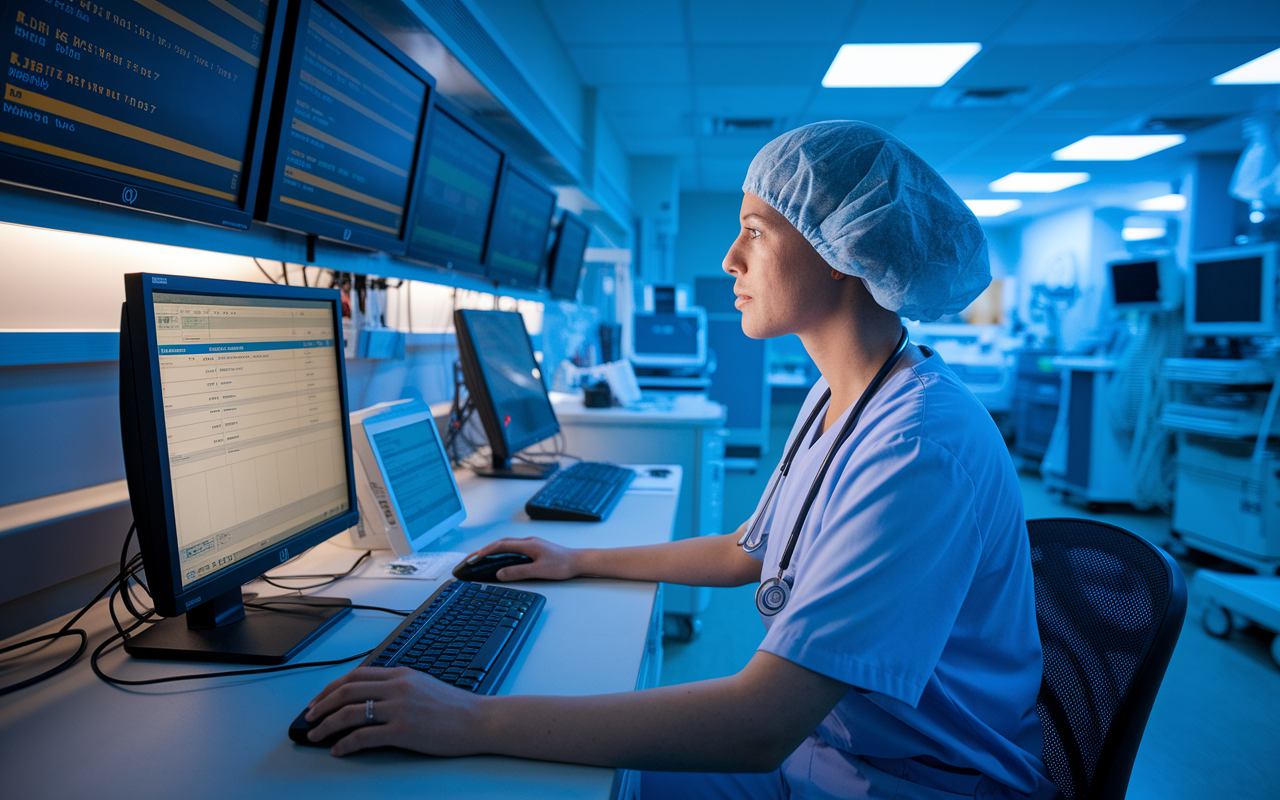 A healthcare worker at a computer station in an emergency room, focused on electronic health records. The environment is filled with backup monitors displaying patient data, and the room has a clinical, high-tech vibe, with various medical devices visible in the background. The professional's expression reflects concentration and decision-making, embodying the use of technology for effective patient care. Ambient lighting blends with the glow of the screens, emphasizing a modern medical setting.