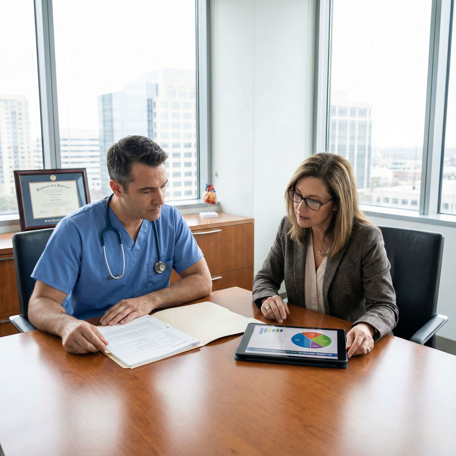 Physician meeting with financial advisor to plan investments - Real Estate for Investing for Doctors: Real Estate vs. Stocks