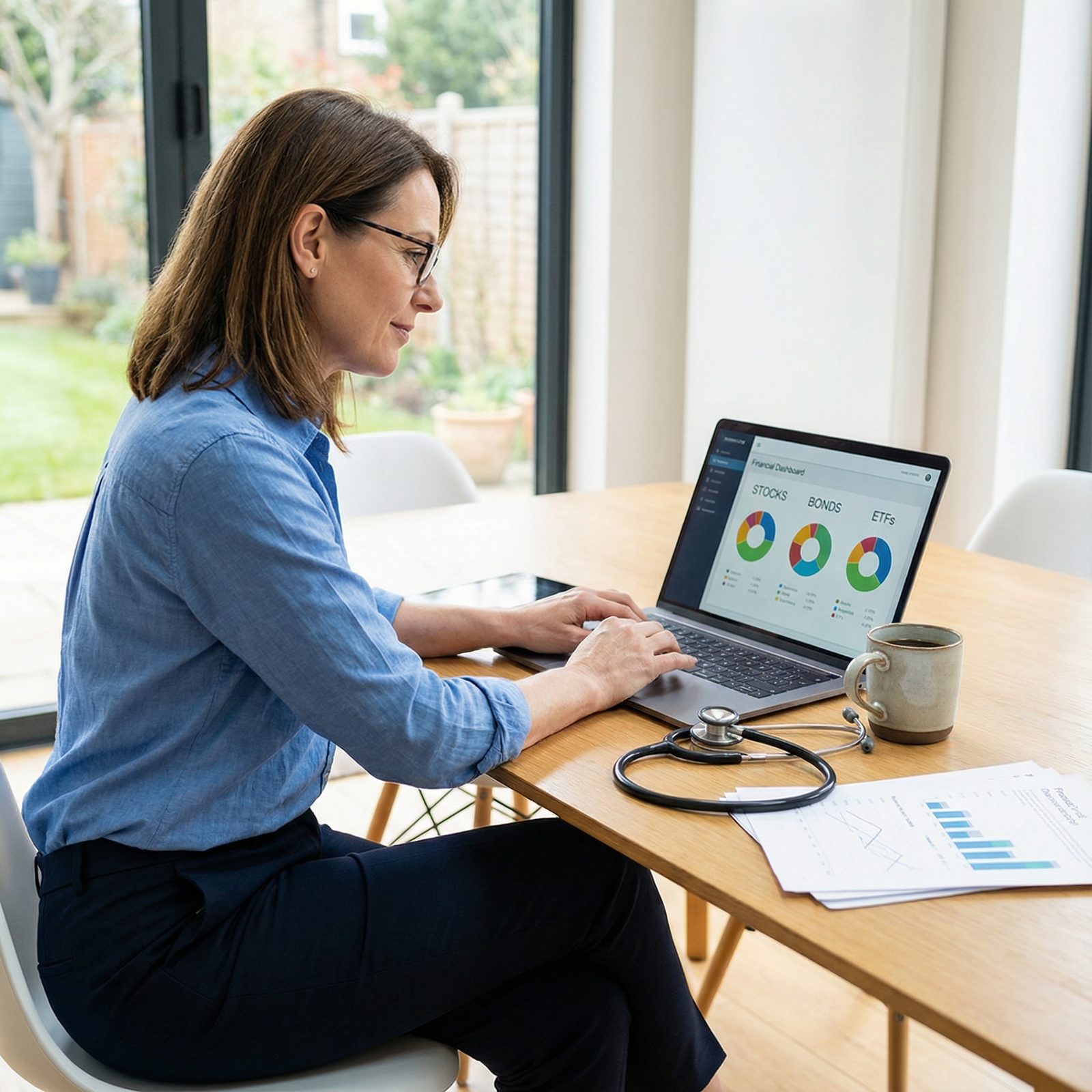 Doctor reviewing diversified investment portfolio on laptop Doctor reviewing diversified investment portfolio on laptop - Stock Market for Essential Stock Market Insights for Physicians
