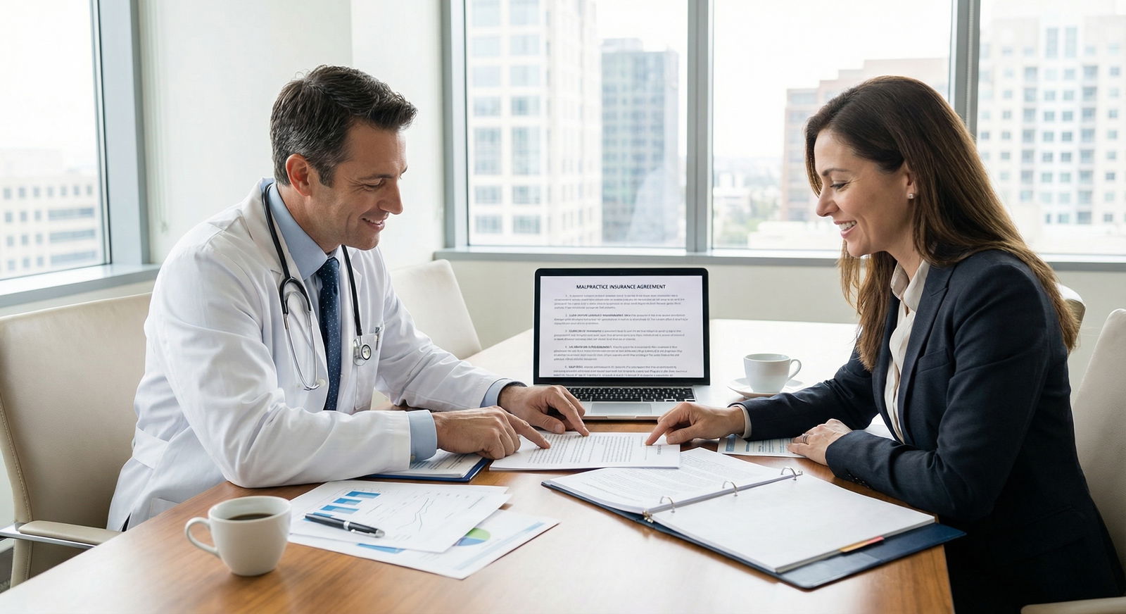 Physician meeting with insurance advisor to review malpractice coverage - Malpractice Insurance for Essential Guide to Choosi
