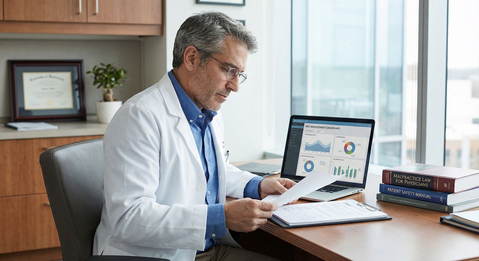 Physician reviewing malpractice risk management strategies - medical malpractice for Top 5 Malpractice Risks for Physicians &