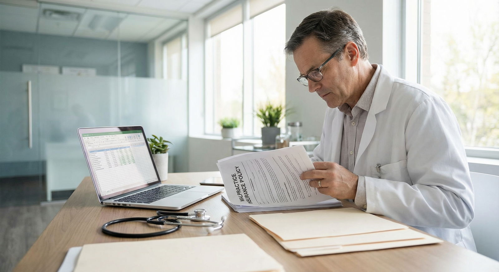 Physician reviewing malpractice insurance documents before renewal Physician reviewing malpractice insurance documents before renewal - Malpractice Insurance for Mastering Malpractice Insuranc