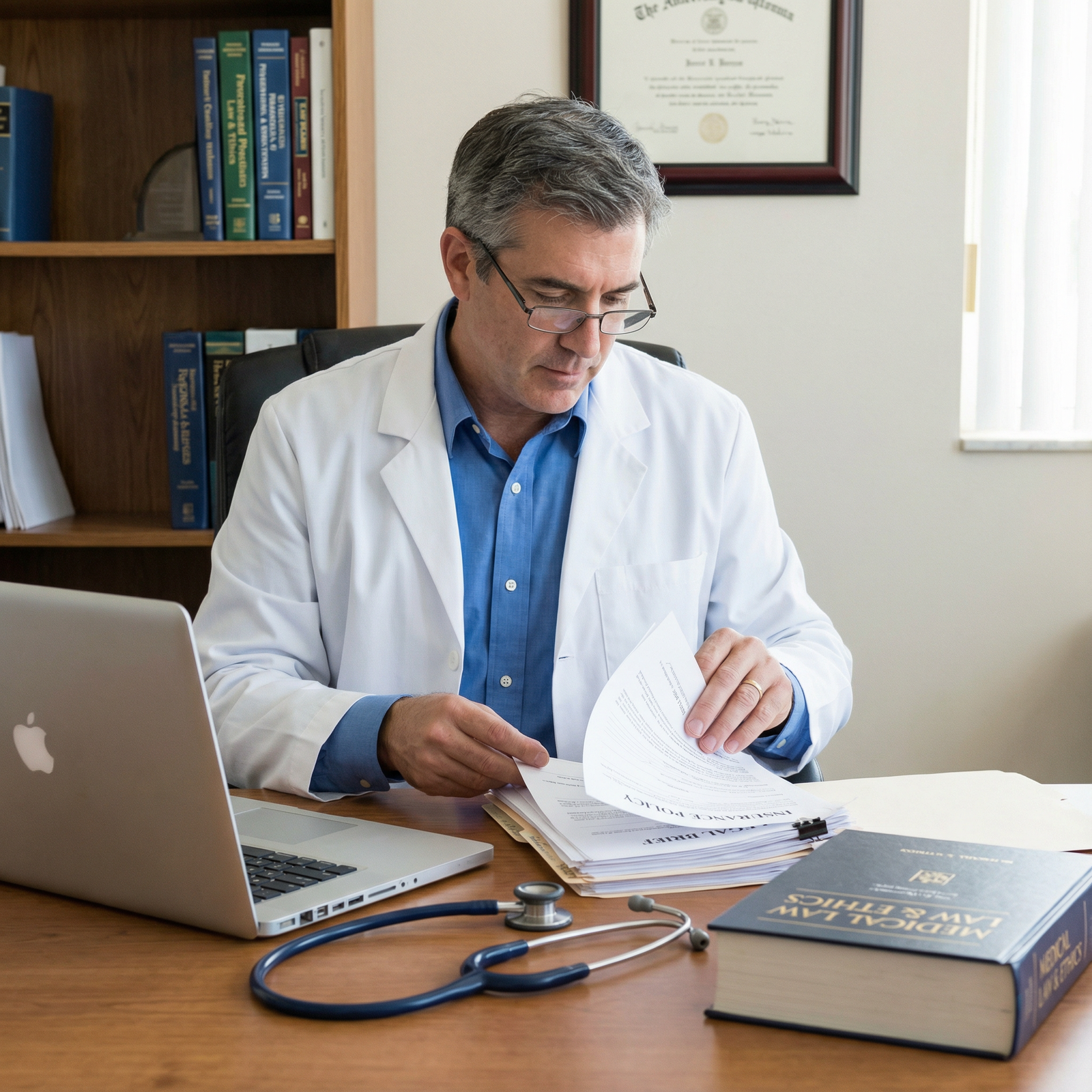 Physician reviewing legal documents before malpractice insurance FAQ - Malpractice Insurance for Malpractice Insurance Myths: