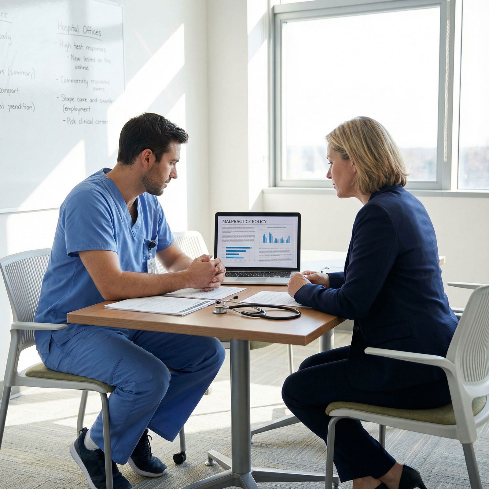 Resident physician discussing malpractice insurance with hospital administrator - Malpractice Insurance for Essential Guide t