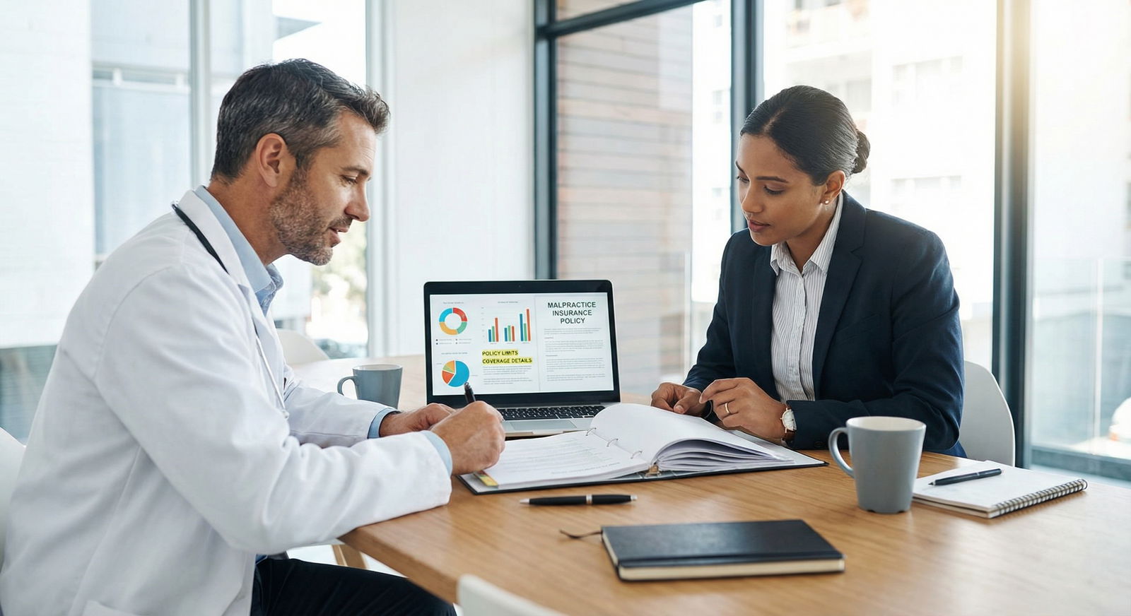 Doctor meeting with insurance advisor about policy limits Doctor meeting with insurance advisor about policy limits - Malpractice Insurance for Malpractice Insurance Explained: Essent