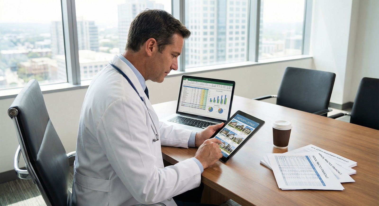 Physician reviewing real estate investment opportunities on a digital tablet Physician reviewing real estate investment opportunities on a digital tablet - Real Estate Investing for Unlocking Wealth: Ho