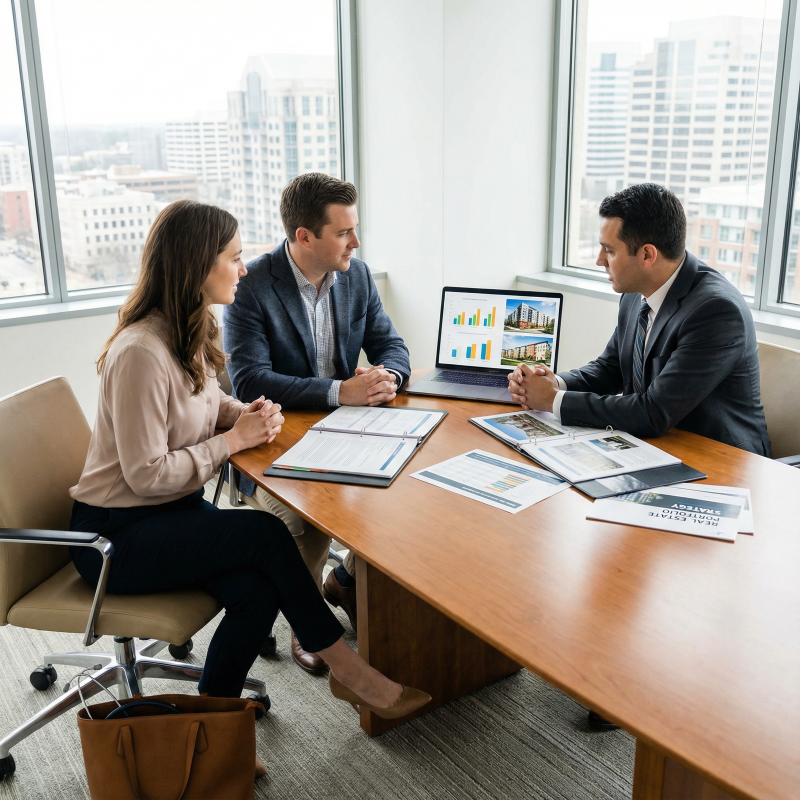 Physician couple discussing real estate portfolio growth with advisor Physician couple discussing real estate portfolio growth with advisor - Real Estate Investing for Unlocking Wealth: How Physi