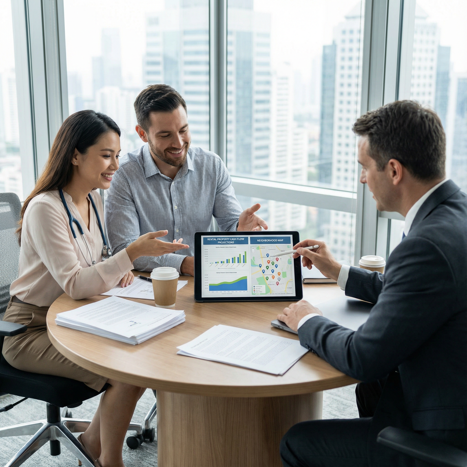 Physician couple discussing rental property options with advisor Physician couple discussing rental property options with advisor - Real Estate Investing for Essential Real Estate Investing